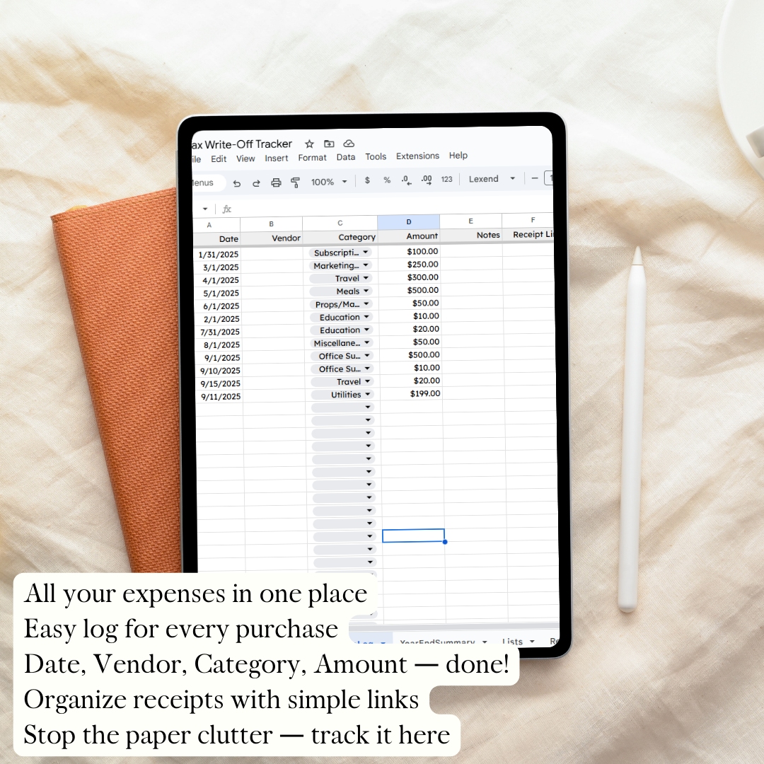 Tax Write-Off Tracker for Small Business l Expense Log | Google Sheets Dashboard & Year-End Summary