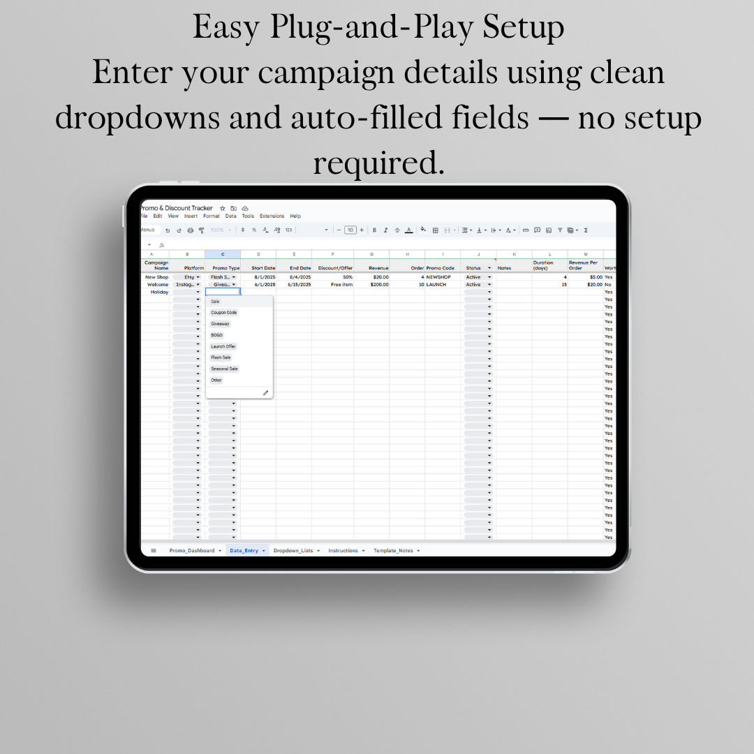 Promo and Discount Tracker | Sales Campaign Tracker | Google Sheets Dashboard for Small Business Marketing & Revenue Stats
