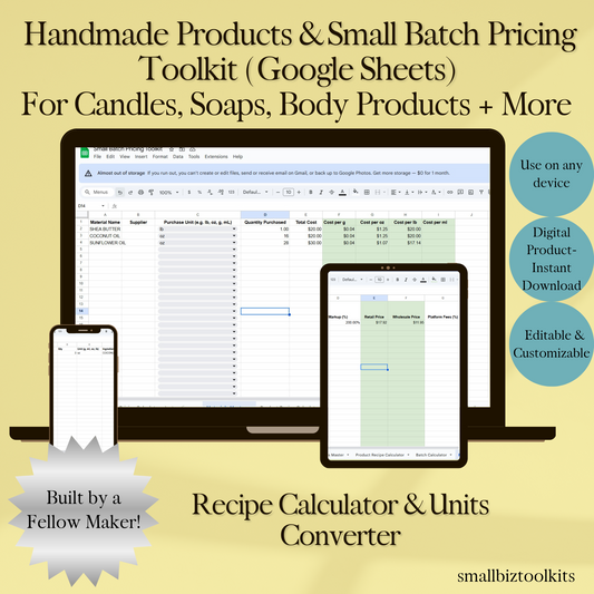 Handmade Product Pricing Calculator | Google Sheets for Candles, Soaps & Body Care (Retail + Wholesale)